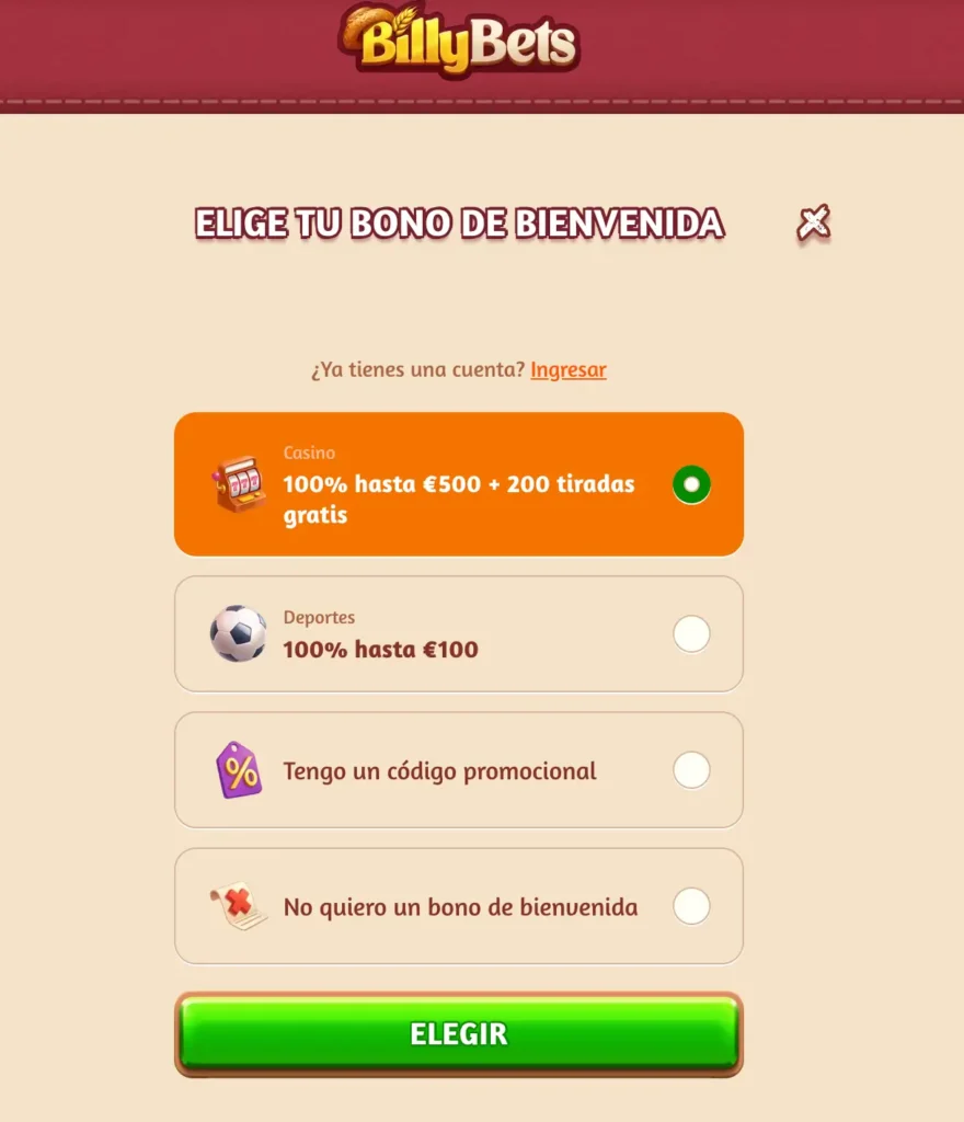 Bono de bienvenida en casino Billybets